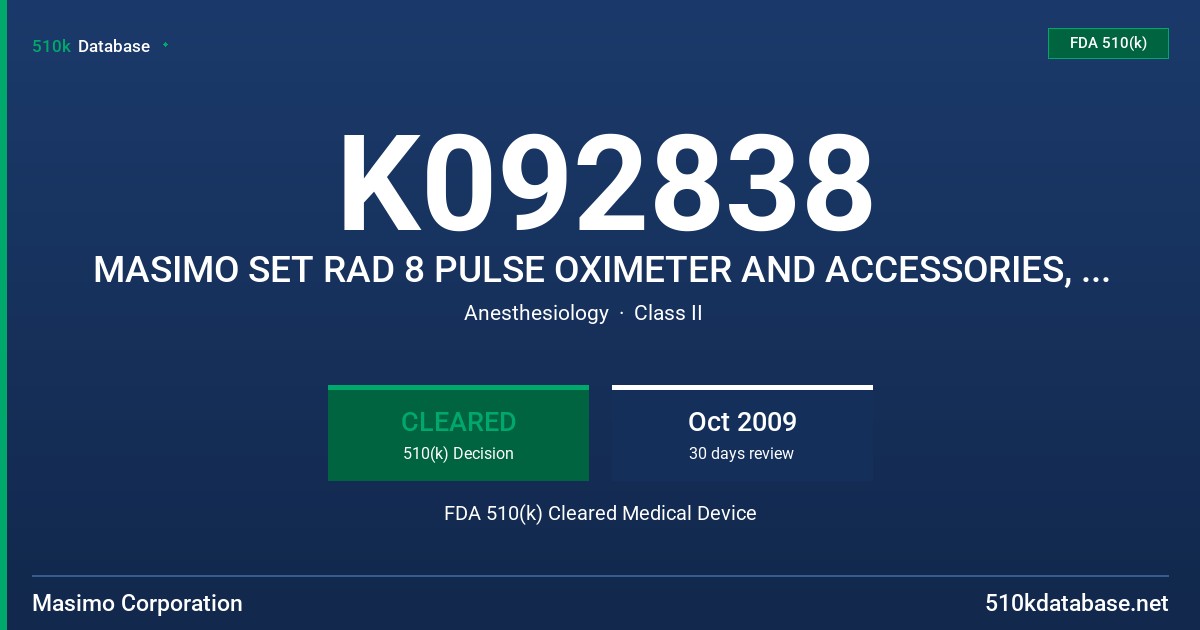 K092838 MASIMO SET RAD 8 PULSE OXIMETER AND ACCESSORIES, MODEL RAD 8 FDA 510(k) Cleared Medical Device