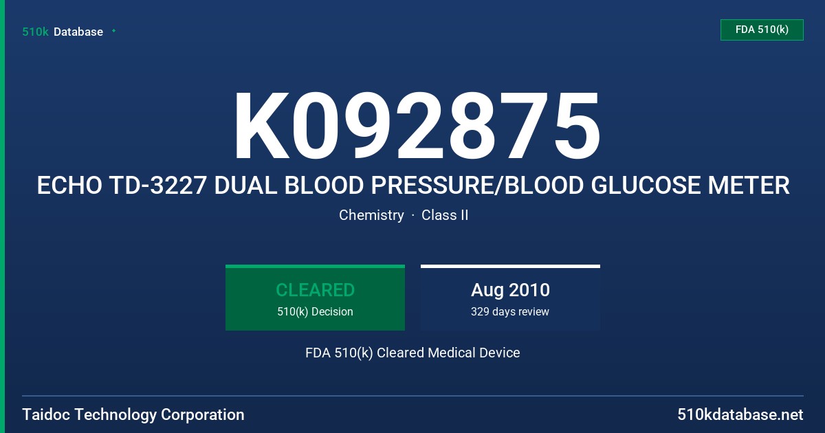 K092875 ECHO TD-3227 DUAL BLOOD PRESSURE/BLOOD GLUCOSE METER FDA 510(k) Cleared Medical Device