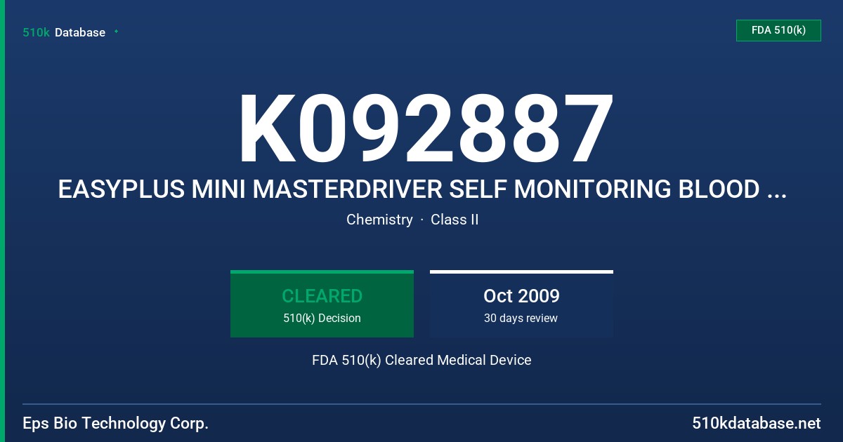 K092887 EASYPLUS MINI MASTERDRIVER SELF MONITORING BLOOD GLUCOSE SYSTEM, MODEL EPS09009 FDA 510(k) Cleared Medical Device