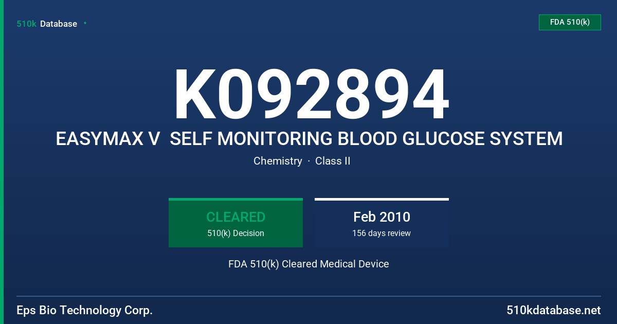 K092894 EASYMAX V  SELF MONITORING BLOOD GLUCOSE SYSTEM FDA 510(k) Cleared Medical Device