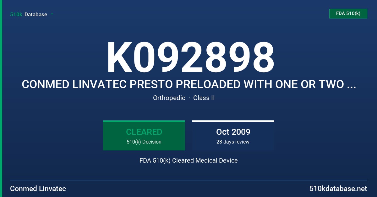 K092898 CONMED LINVATEC PRESTO PRELOADED WITH ONE OR TWO #2 HI-FI SUTURES FDA 510(k) Cleared Medical Device