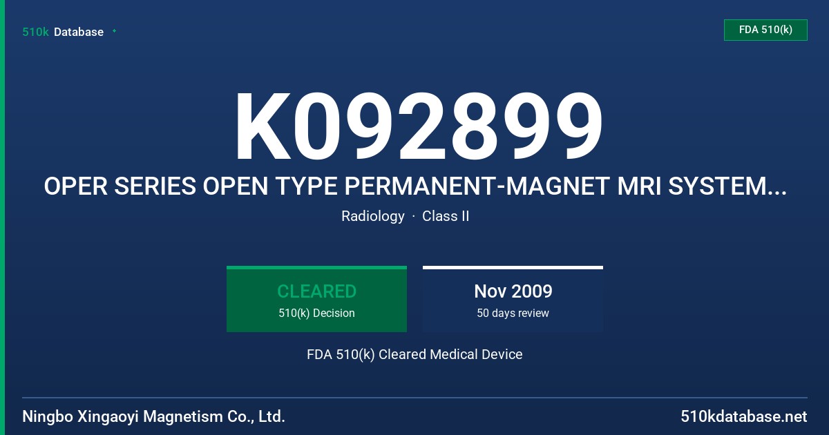 K092899 OPER SERIES OPEN TYPE PERMANENT-MAGNET MRI SYSTEM, MODEL: OPER-0.3, -0.35, -0.4 FDA 510(k) Cleared Medical Device