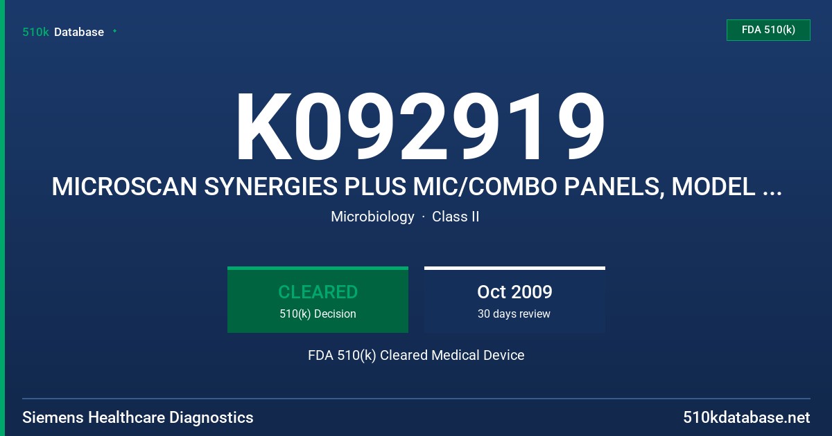 K092919 MICROSCAN SYNERGIES PLUS MIC/COMBO PANELS, MODEL B1025 FDA 510(k) Cleared Medical Device