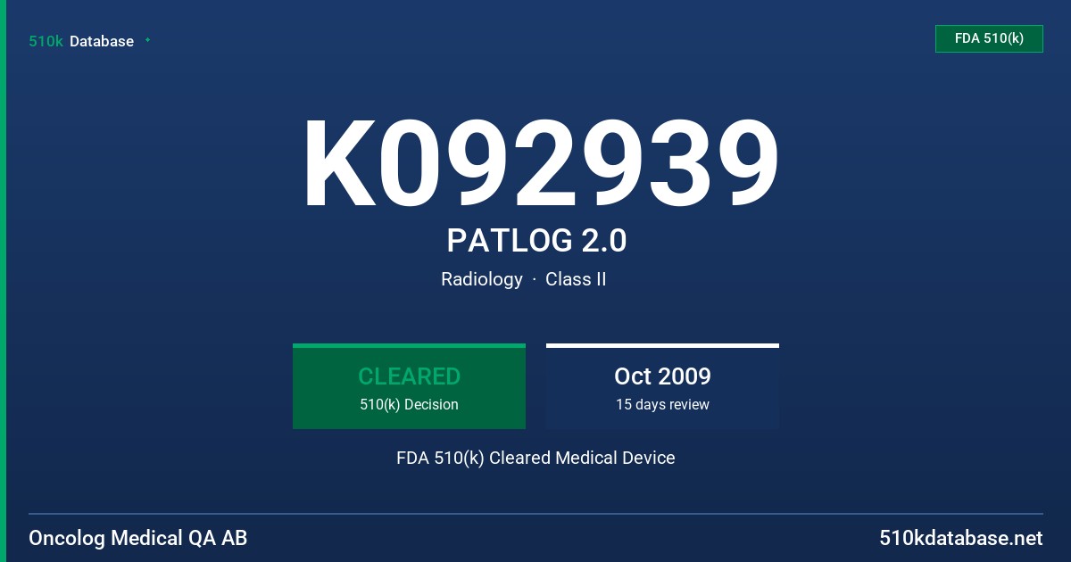 K092939 PATLOG 2.0 FDA 510(k) Cleared Medical Device