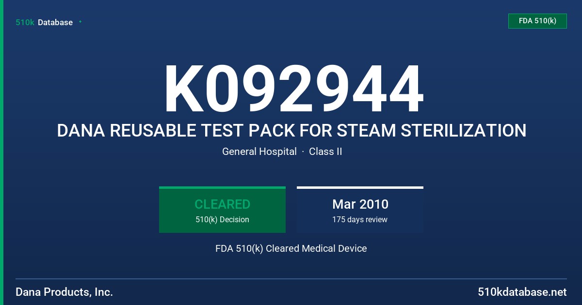 K092944 DANA REUSABLE TEST PACK FOR STEAM STERILIZATION FDA 510(k) Cleared Medical Device