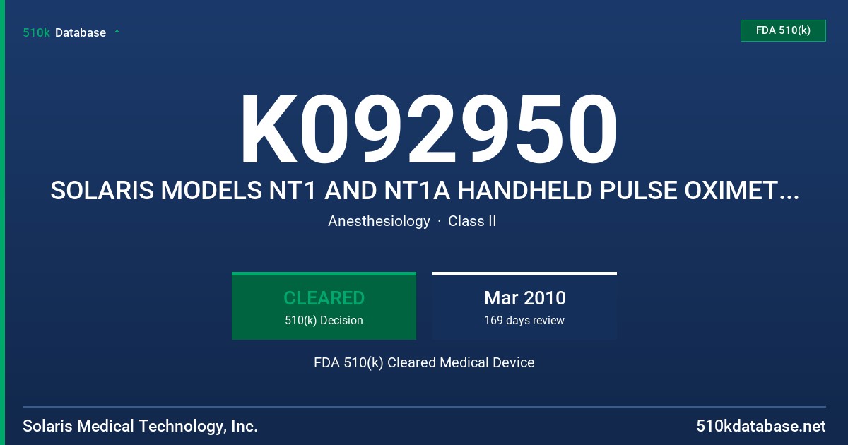 K092950 SOLARIS MODELS NT1 AND NT1A HANDHELD PULSE OXIMETERS WITH SENSOR ACCESSORIES FDA 510(k) Cleared Medical Device