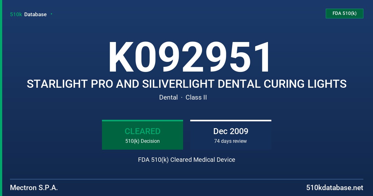 K092951 STARLIGHT PRO AND SILIVERLIGHT DENTAL CURING LIGHTS FDA 510(k) Cleared Medical Device