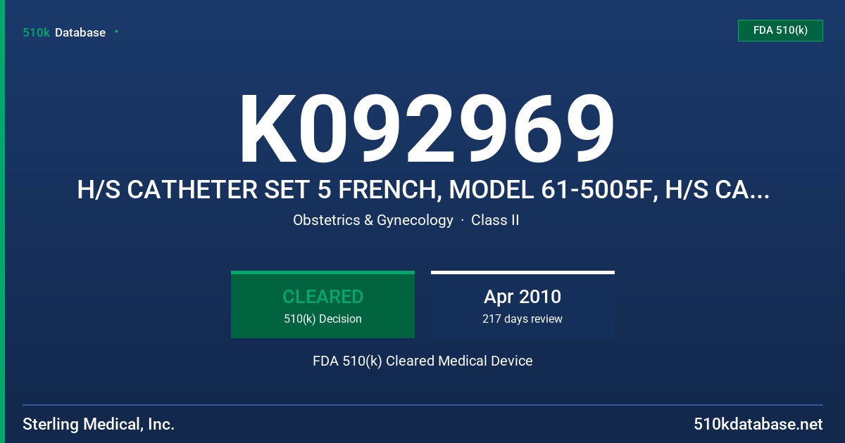 K092969 H/S CATHETER SET 5 FRENCH, MODEL 61-5005F, H/S CATHETER SET 7 FRENCH, MODEL 61-5007F FDA 510(k) Cleared Medical Device