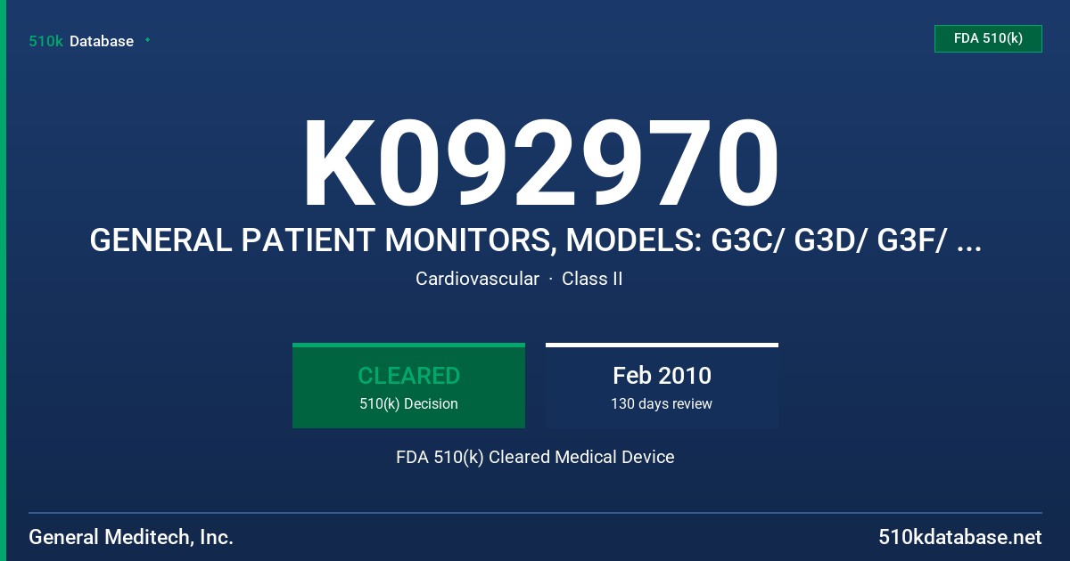 K092970 GENERAL PATIENT MONITORS, MODELS: G3C/ G3D/ G3F/ G3G/ G3H FDA 510(k) Cleared Medical Device
