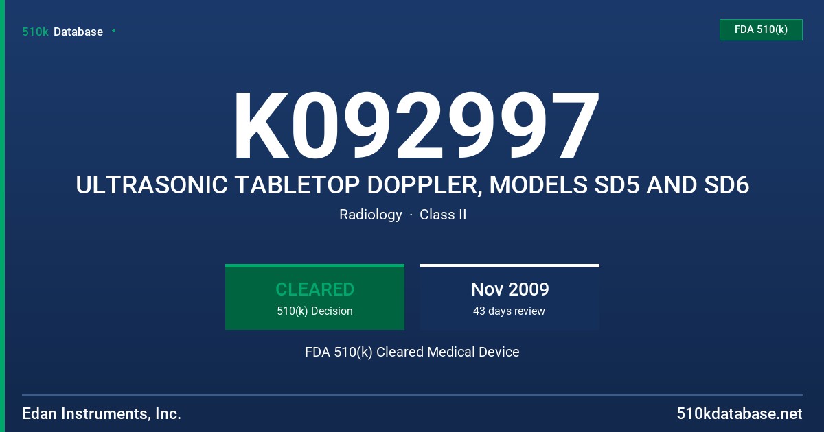 K092997 ULTRASONIC TABLETOP DOPPLER, MODELS SD5 AND SD6 FDA 510(k) Cleared Medical Device