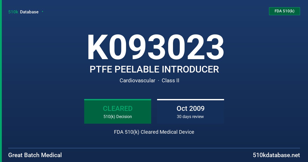 K093023 PTFE PEELABLE INTRODUCER FDA 510(k) Cleared Medical Device