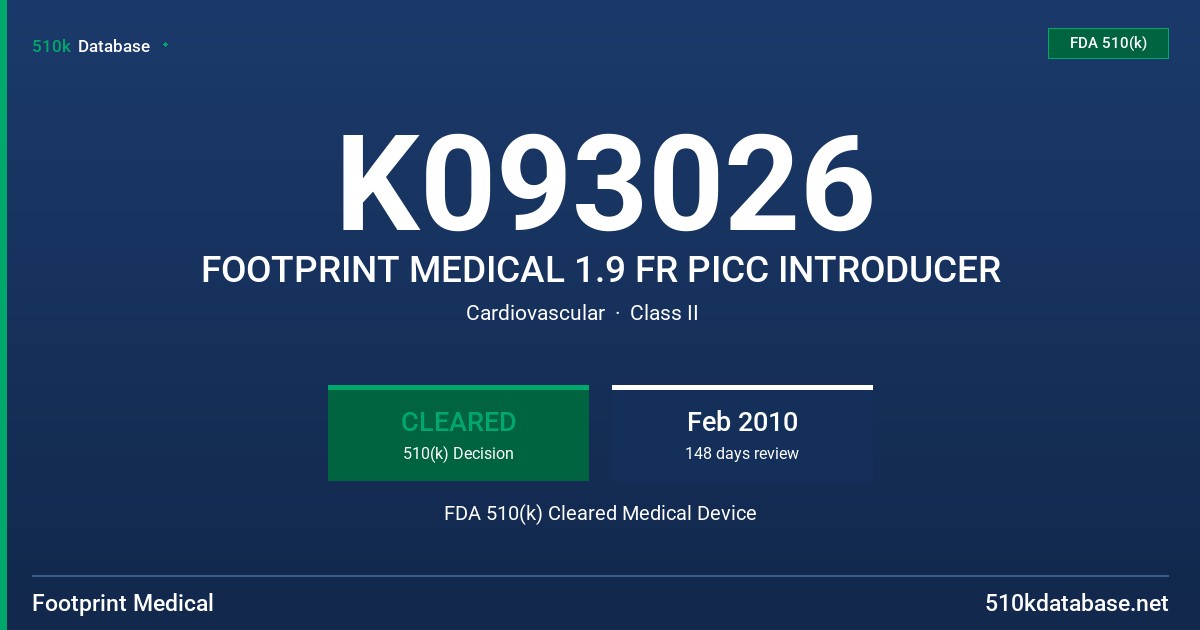 K093026 FOOTPRINT MEDICAL 1.9 FR PICC INTRODUCER FDA 510(k) Cleared Medical Device