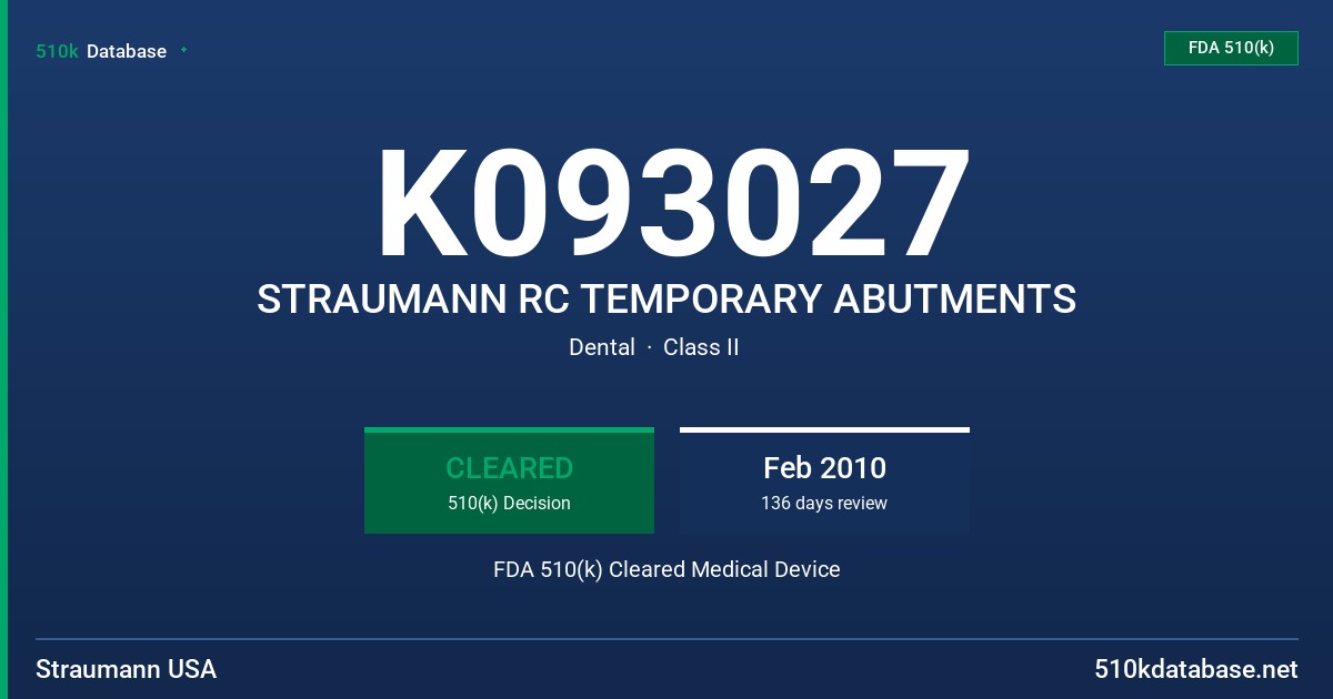 K093027 STRAUMANN RC TEMPORARY ABUTMENTS FDA 510(k) Cleared Medical Device