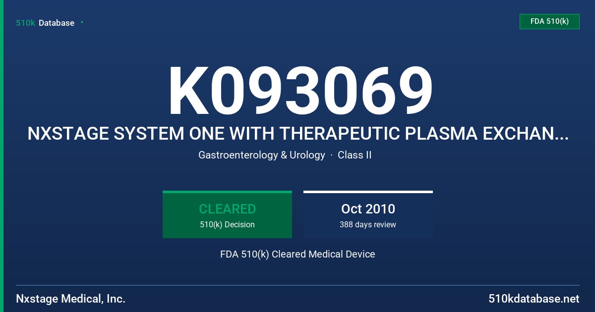 K093069 NXSTAGE SYSTEM ONE WITH THERAPEUTIC PLASMA EXCHANGE CARTRIDGE FDA 510(k) Cleared Medical Device