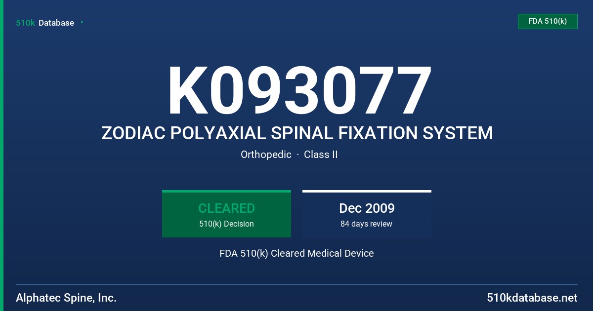 K093077 ZODIAC POLYAXIAL SPINAL FIXATION SYSTEM FDA 510(k) Cleared Medical Device