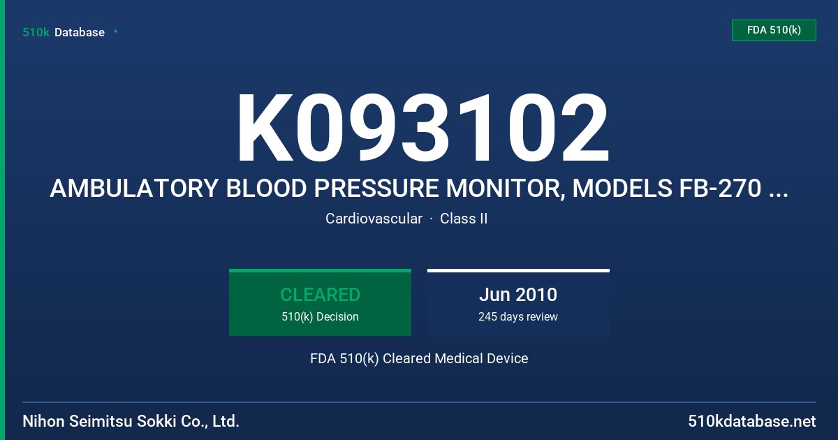 K093102 AMBULATORY BLOOD PRESSURE MONITOR, MODELS FB-270 AND DS-270 FDA 510(k) Cleared Medical Device