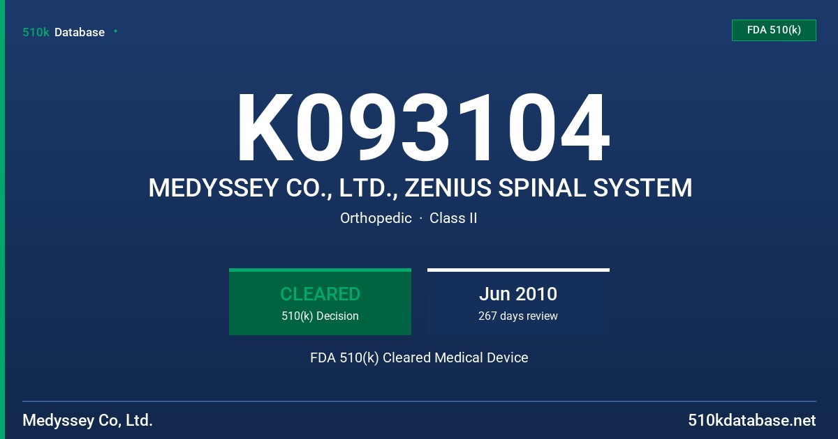K093104 MEDYSSEY CO., LTD., ZENIUS SPINAL SYSTEM FDA 510(k) Cleared Medical Device