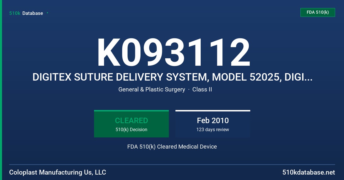 K093112 DIGITEX SUTURE DELIVERY SYSTEM, MODEL 52025, DIGITEX SUTURE CARTRIDGE (SIZE O), MODEL 52026, DIGITEX SUTURE CARTRIDGE FDA 510(k) Cleared Medical Device