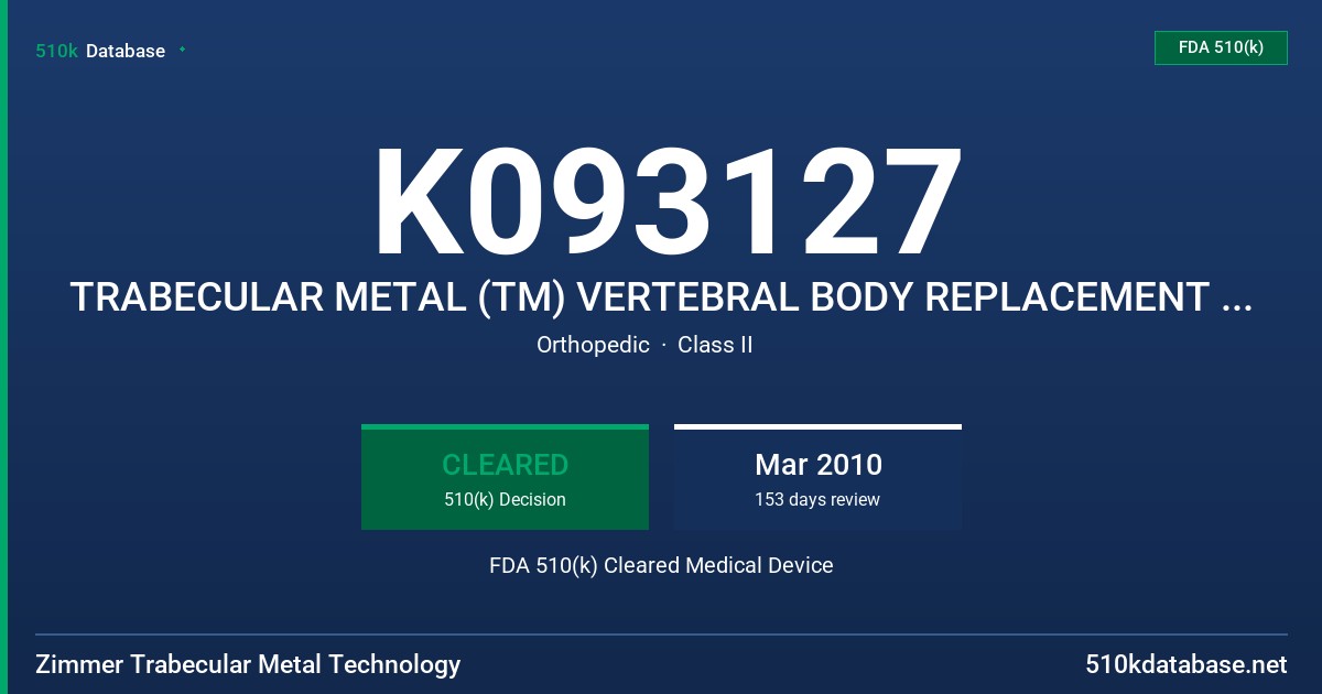 K093127 TRABECULAR METAL (TM) VERTEBRAL BODY REPLACEMENT (VBR) SYSTEM INSTRUMENT SET FDA 510(k) Cleared Medical Device