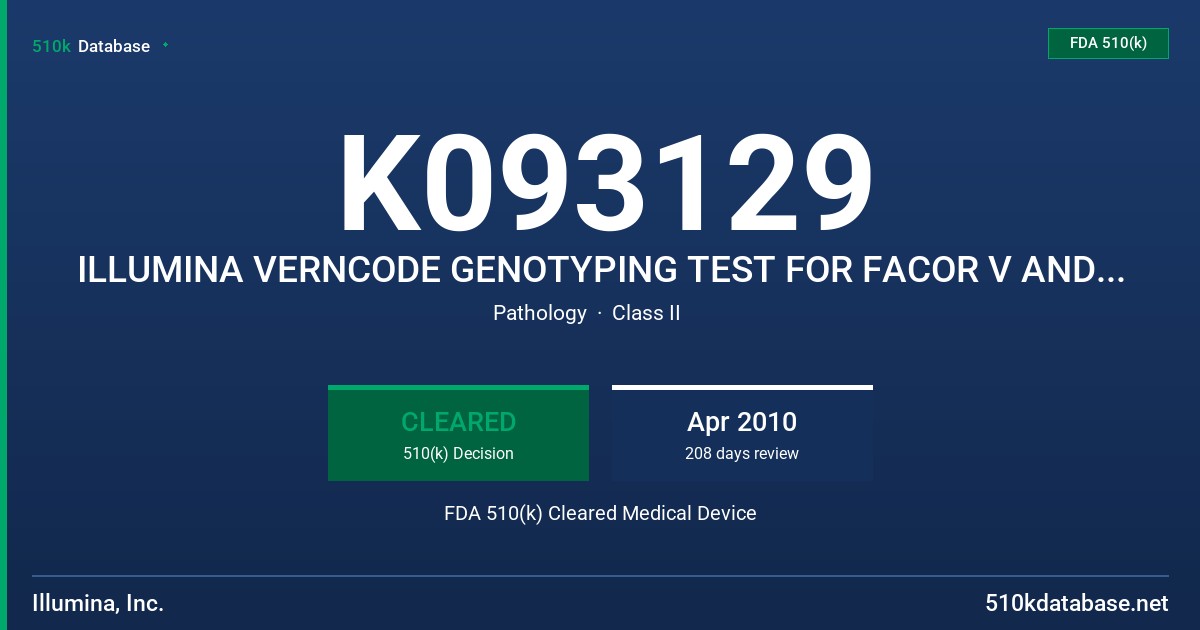 K093129 ILLUMINA VERNCODE GENOTYPING TEST FOR FACOR V AND FACTOR II FDA 510(k) Cleared Medical Device
