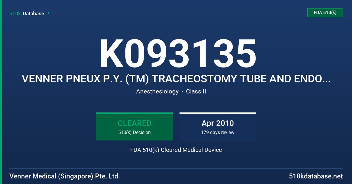 K093135 VENNER PNEUX P.Y. (TM) TRACHEOSTOMY TUBE AND ENDO TRACHEAL TUBE FDA 510(k) Cleared Medical Device