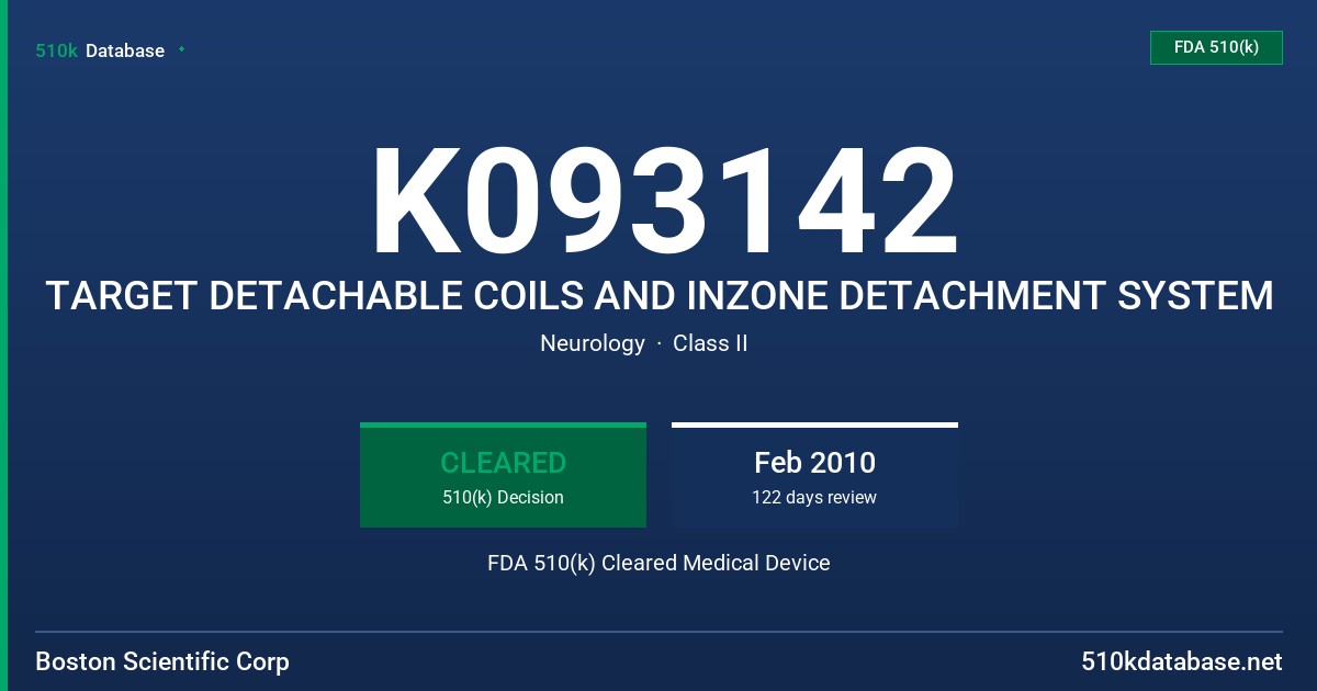 K093142 TARGET DETACHABLE COILS AND INZONE DETACHMENT SYSTEM FDA 510(k) Cleared Medical Device