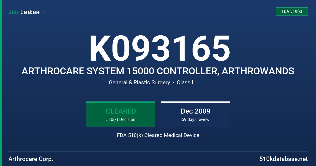 K093165 ARTHROCARE SYSTEM 15000 CONTROLLER, ARTHROWANDS FDA 510(k) Cleared Medical Device