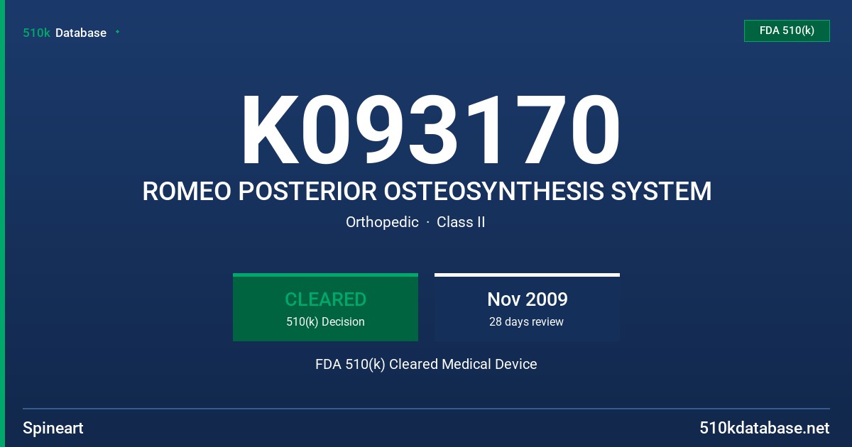 K093170 ROMEO POSTERIOR OSTEOSYNTHESIS SYSTEM FDA 510(k) Cleared Medical Device