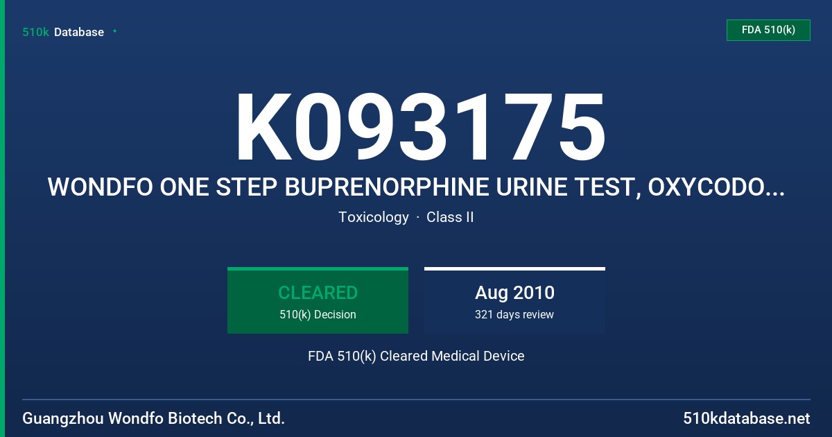 K093175 WONDFO ONE STEP BUPRENORPHINE URINE TEST, OXYCODONE URINE TEST, PROPOXPHENE URINE TEST, MULTIPLE DRUG OF ABUSE URINE TES FDA 510(k) Cleared Medical Device