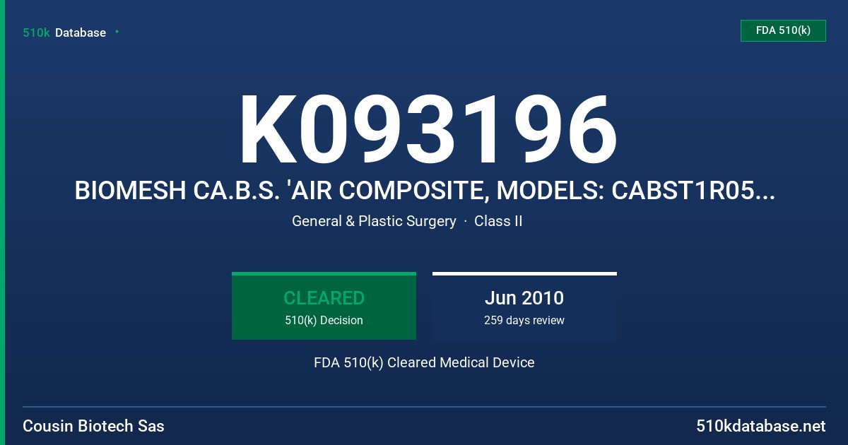K093196 BIOMESH CA.B.S. 'AIR COMPOSITE, MODELS: CABST1R05T, CABSAIRC7, CABSAIRC09 FDA 510(k) Cleared Medical Device