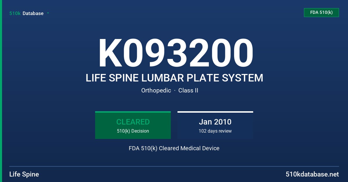 K093200 LIFE SPINE LUMBAR PLATE SYSTEM FDA 510(k) Cleared Medical Device