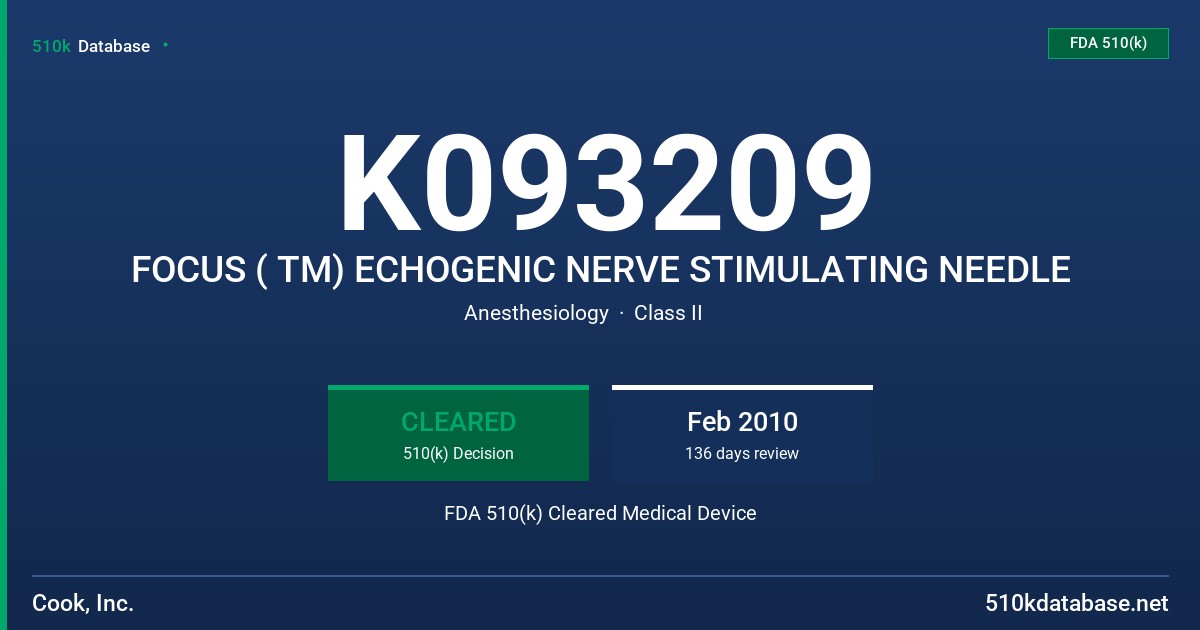 K093209 FOCUS ( TM) ECHOGENIC NERVE STIMULATING NEEDLE FDA 510(k) Cleared Medical Device