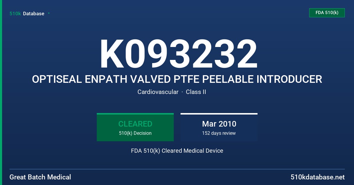 K093232 OPTISEAL ENPATH VALVED PTFE PEELABLE INTRODUCER FDA 510(k) Cleared Medical Device