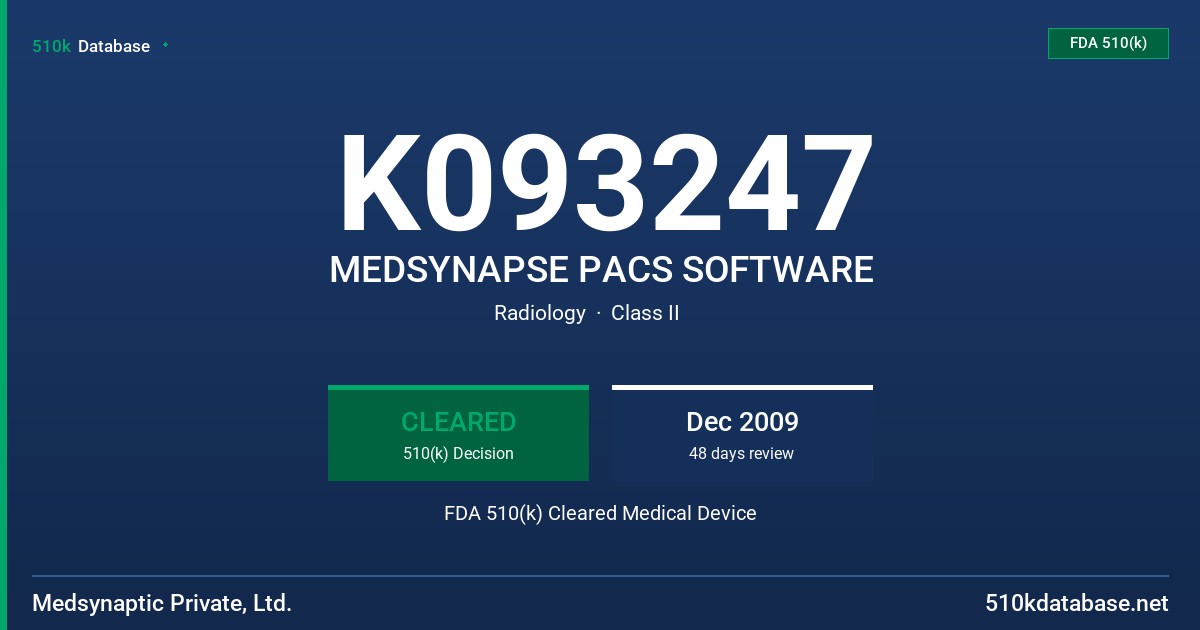 K093247 MEDSYNAPSE PACS SOFTWARE FDA 510(k) Cleared Medical Device