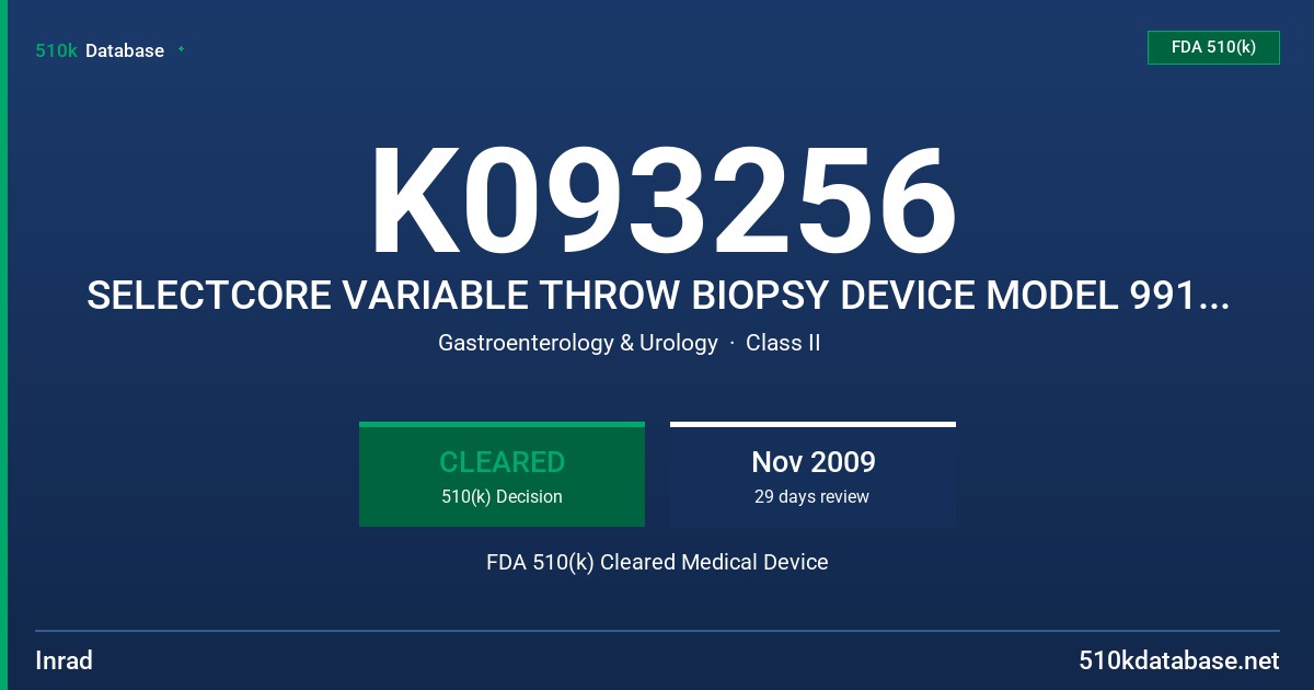 K093256 SELECTCORE VARIABLE THROW BIOPSY DEVICE MODEL 991014, 991514, 991018, 991518, 992018 FDA 510(k) Cleared Medical Device