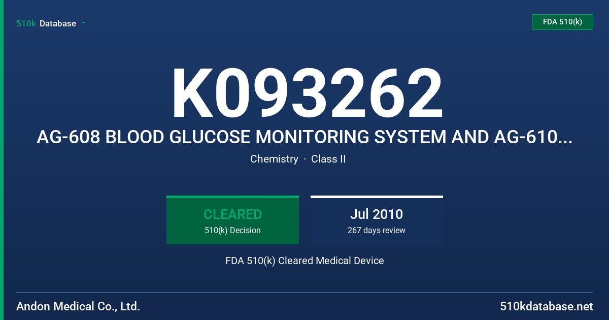 K093262 AG-608 BLOOD GLUCOSE MONITORING SYSTEM AND AG-610 BLOOD GLUCOSE MONITORING SYSTEM FDA 510(k) Cleared Medical Device