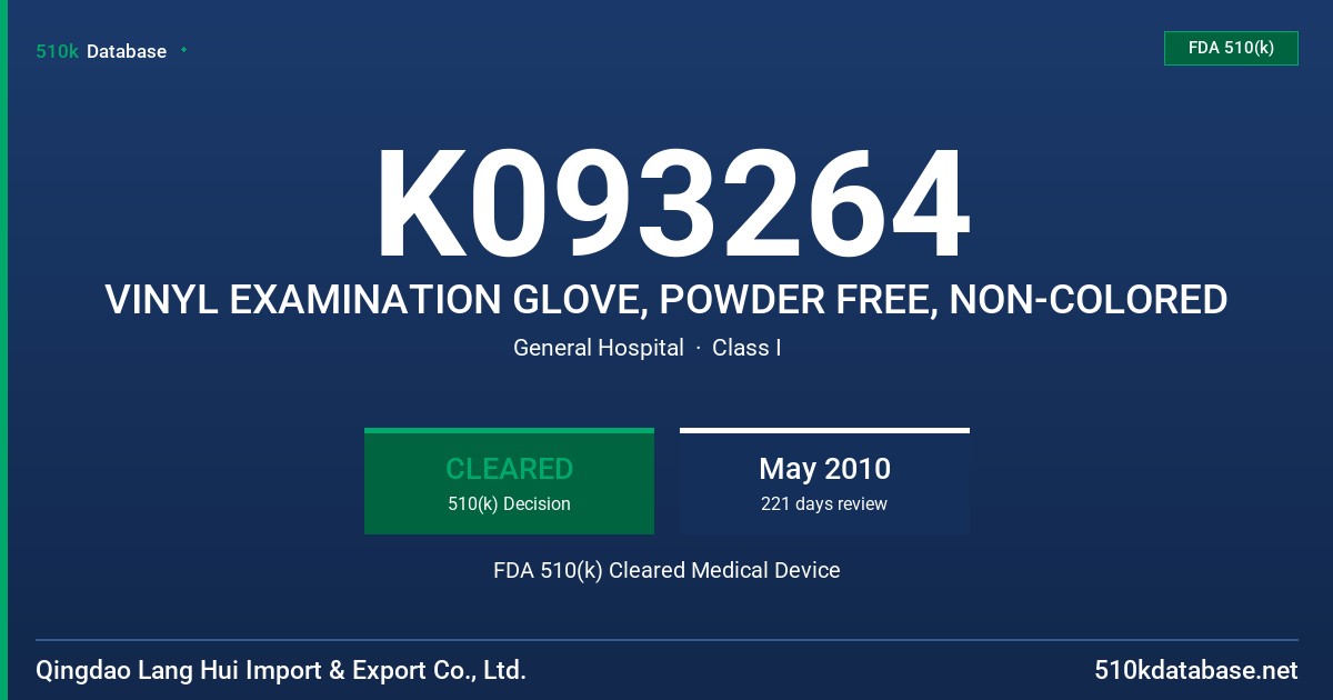 K093264 VINYL EXAMINATION GLOVE, POWDER FREE, NON-COLORED FDA 510(k) Cleared Medical Device