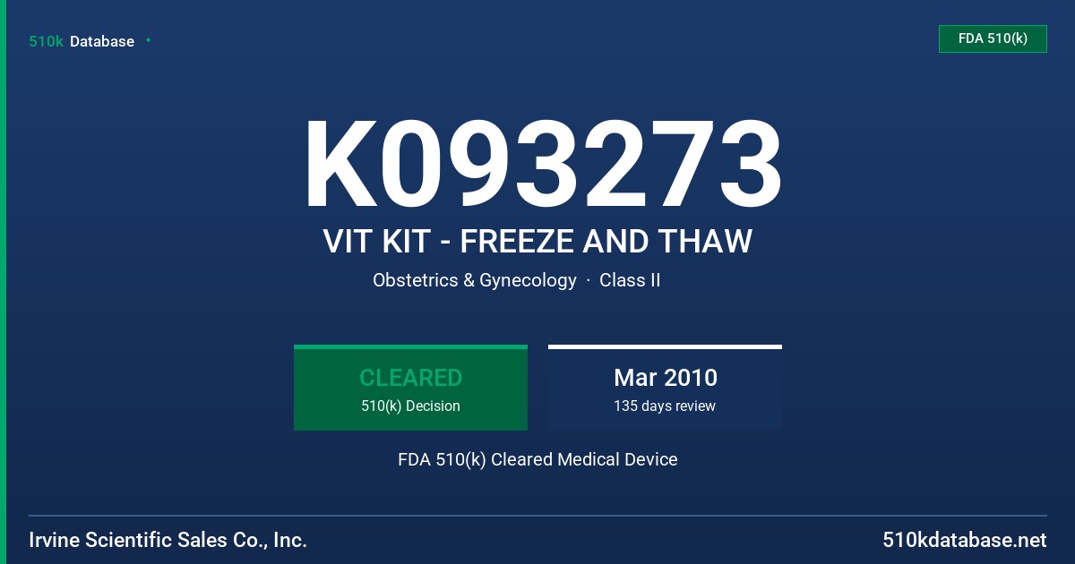 K093273 VIT KIT - FREEZE AND THAW FDA 510(k) Cleared Medical Device