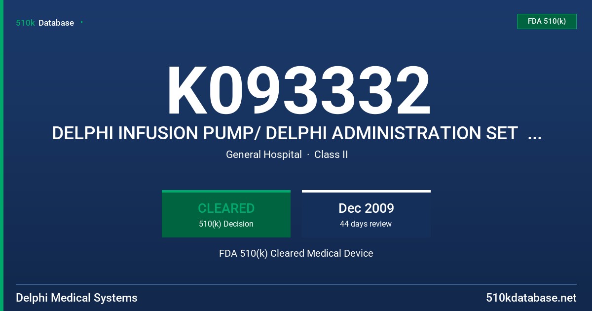 K093332 DELPHI INFUSION PUMP/ DELPHI ADMINISTRATION SET  MODEL IV-01000/ MODEL IV-02XXXX (WHERE X IS ANY NUMBER BETWEEN 0-9) FDA 510(k) Cleared Medical Device