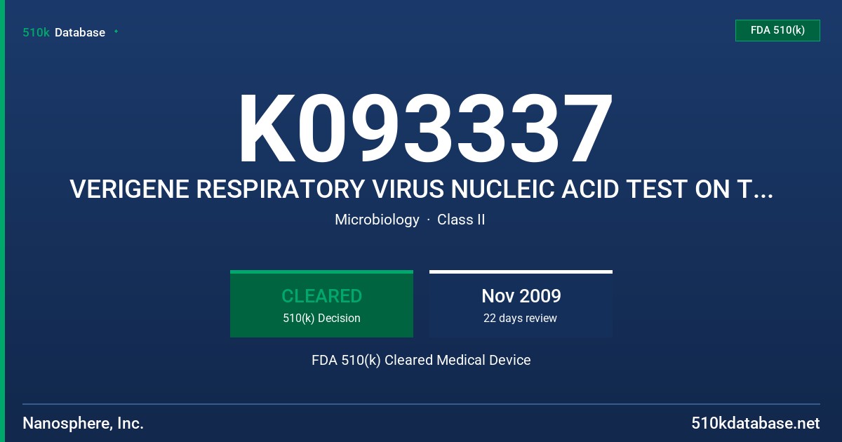 K093337 VERIGENE RESPIRATORY VIRUS NUCLEIC ACID TEST ON THE VERIGENE SP SYSTEM FDA 510(k) Cleared Medical Device