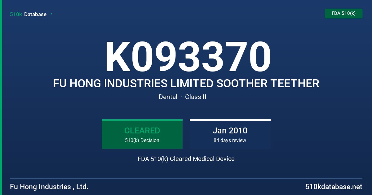 K093370 FU HONG INDUSTRIES LIMITED SOOTHER TEETHER FDA 510(k) Cleared Medical Device