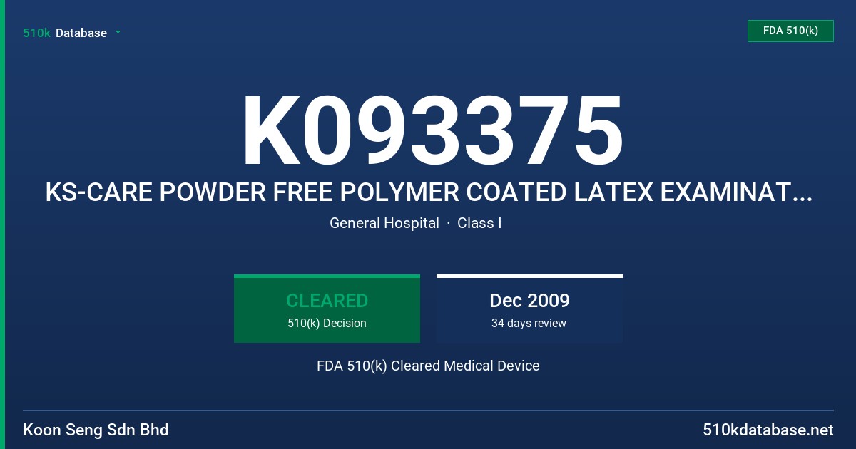 K093375 KS-CARE POWDER FREE POLYMER COATED LATEX EXAMINATION GLOVE WITH PROTEIN CONTENT LABELING CLAIM (50UG OR LESS) FDA 510(k) Cleared Medical Device