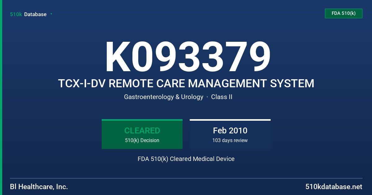 K093379 TCX-I-DV REMOTE CARE MANAGEMENT SYSTEM FDA 510(k) Cleared Medical Device