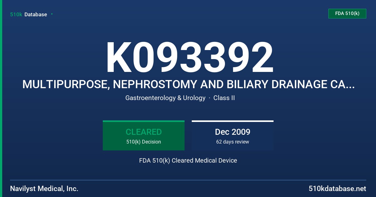 K093392 MULTIPURPOSE, NEPHROSTOMY AND BILIARY DRAINAGE CATHETERS FDA 510(k) Cleared Medical Device