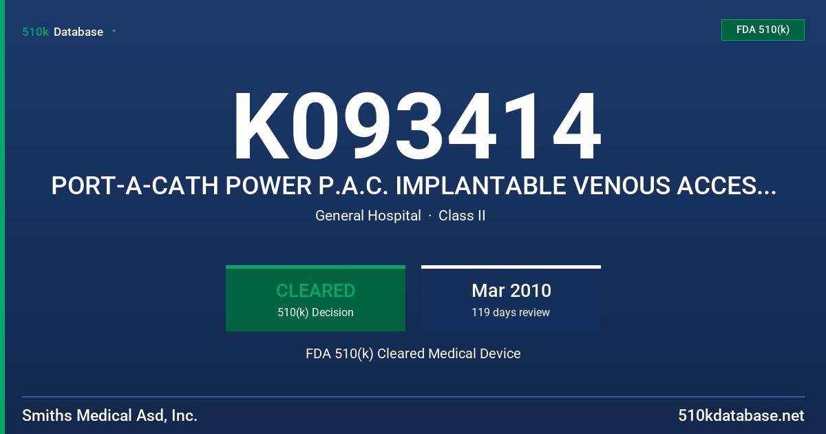 K093414 PORT-A-CATH POWER P.A.C. IMPLANTABLE VENOUS ACCESS SYSTEMS FDA 510(k) Cleared Medical Device