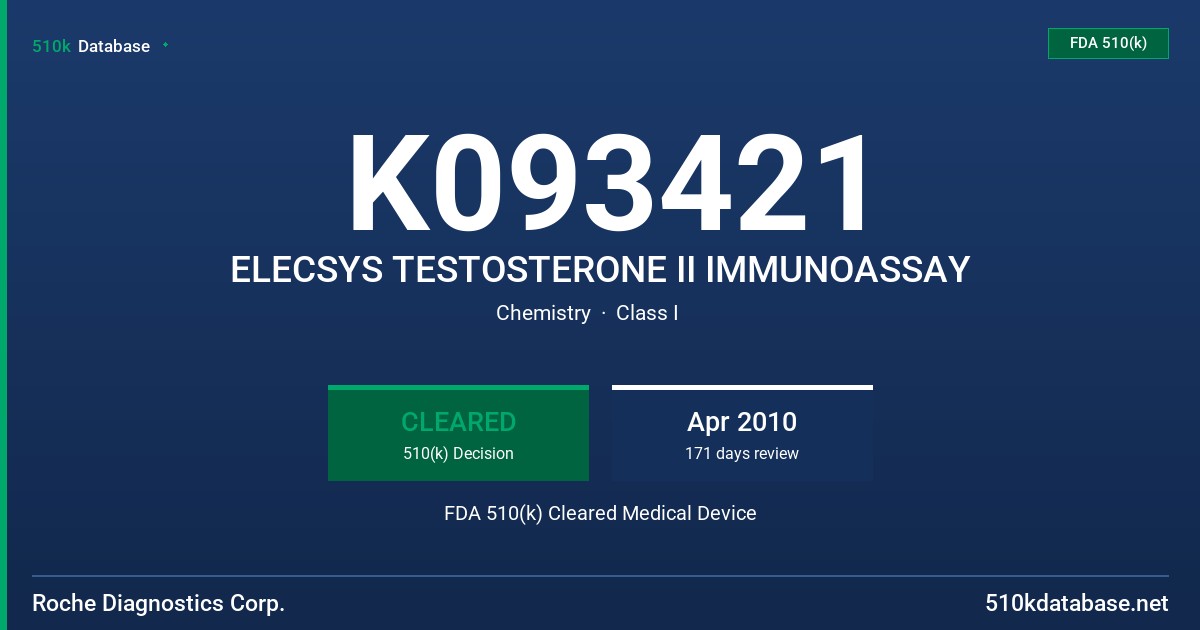 K093421 ELECSYS TESTOSTERONE II IMMUNOASSAY FDA 510(k) Cleared Medical Device