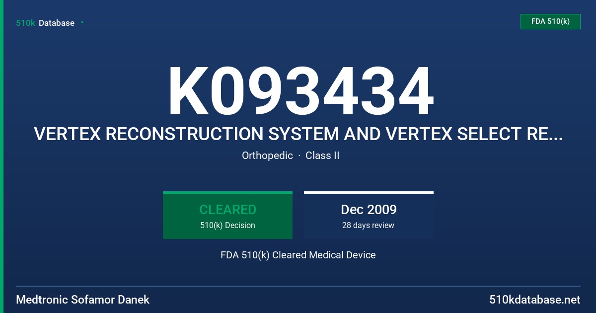 K093434 VERTEX RECONSTRUCTION SYSTEM AND VERTEX SELECT RECONSTRUCTION SYSTEM FDA 510(k) Cleared Medical Device
