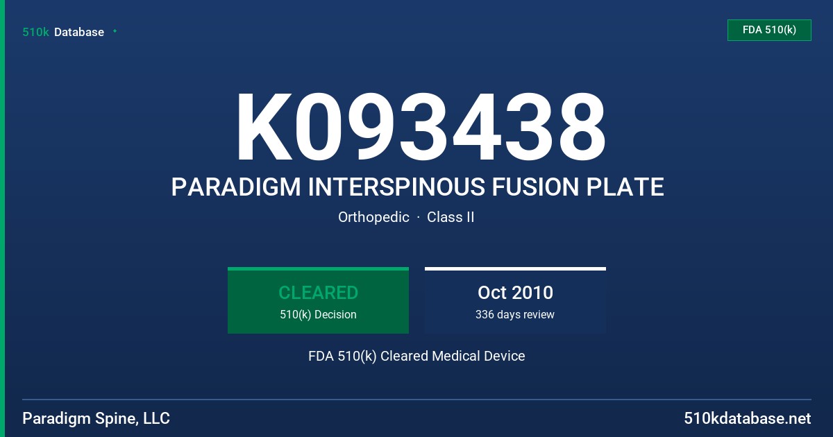 K093438 PARADIGM INTERSPINOUS FUSION PLATE FDA 510(k) Cleared Medical Device