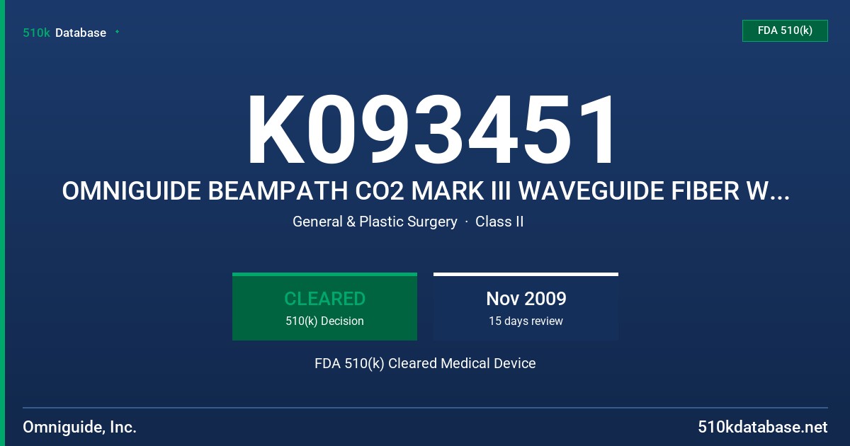 K093451 OMNIGUIDE BEAMPATH CO2 MARK III WAVEGUIDE FIBER WITH LOW PROFILE/LOW LOSS TIP FDA 510(k) Cleared Medical Device