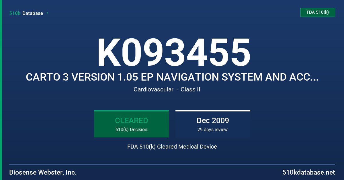 K093455 CARTO 3 VERSION 1.05 EP NAVIGATION SYSTEM AND ACCESSORIES FDA 510(k) Cleared Medical Device